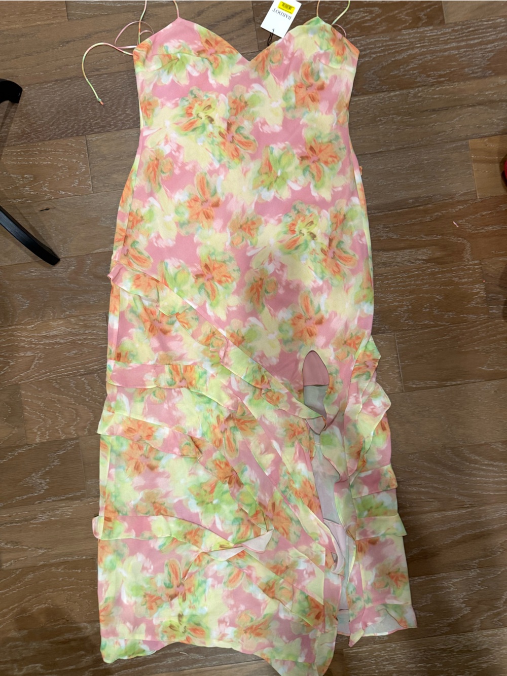 Bardot Pastel Floral Slip Maxi Dress with Ruffle Hem and Slit - Picture 10 of 16